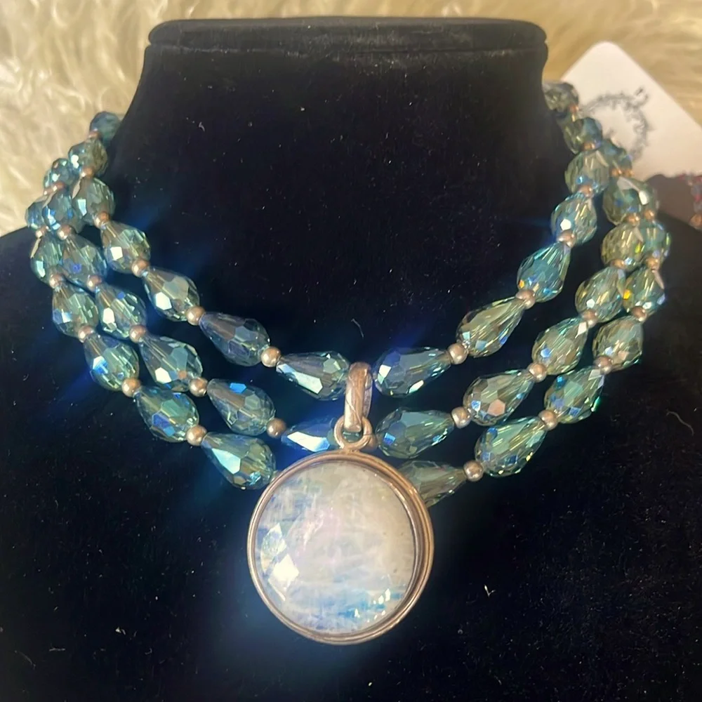 MOONSTONE and CRYSTAL Blue Beaded Necklace WITH STERLING SILVER. - Picture 1 of 10
